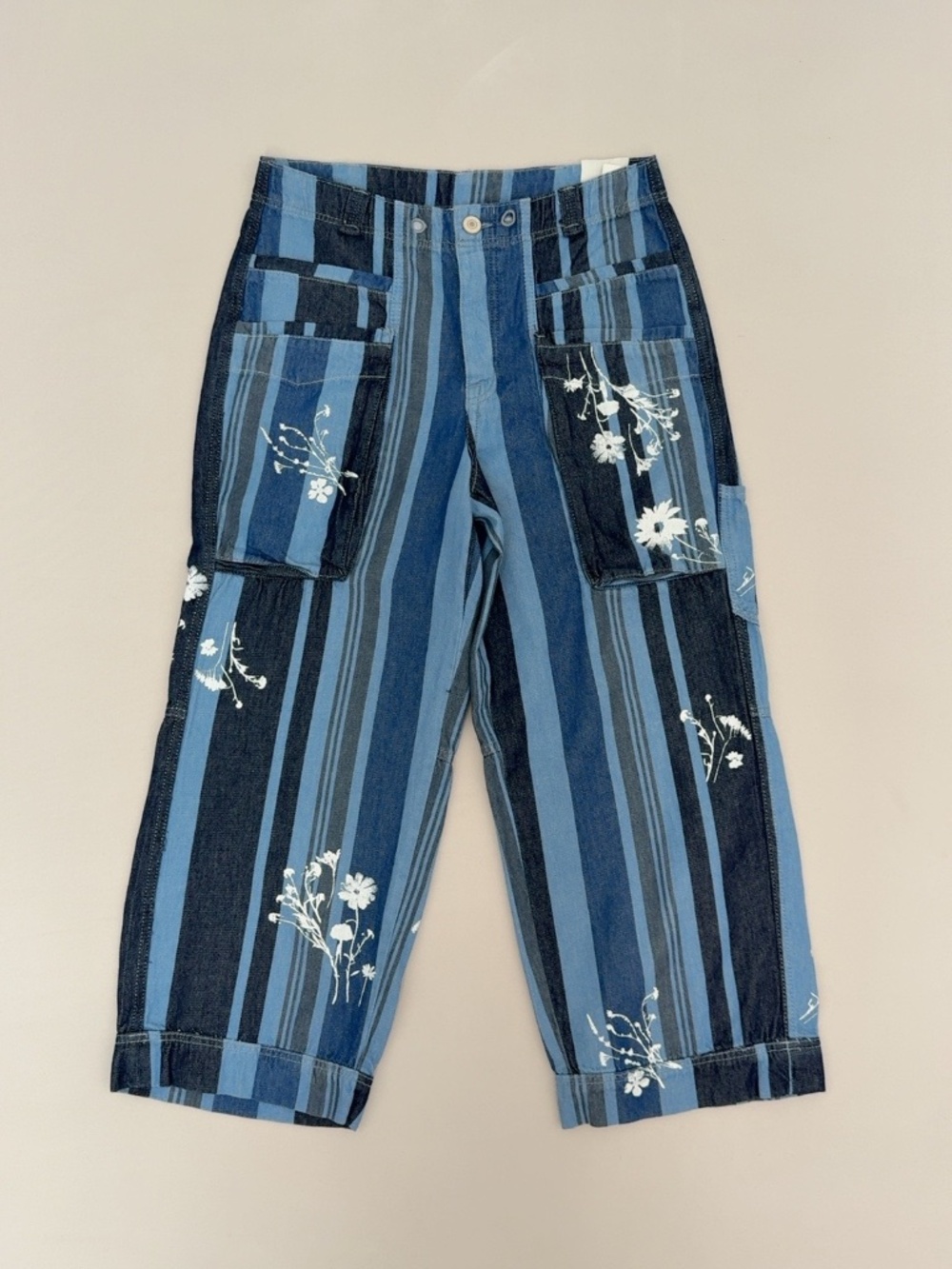 We The Free Cove Crop Pull On Jeans Blue Striped Floral Utility Pants M